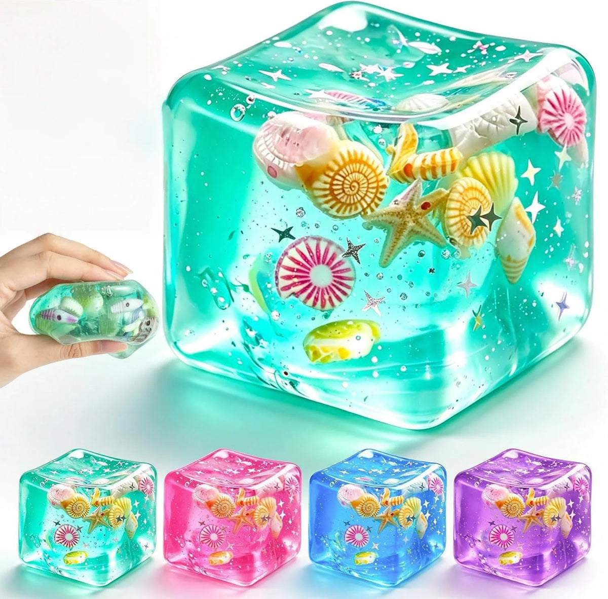 A collection of translucent, colorful ocean shell squishy stress balls and fidget toys.