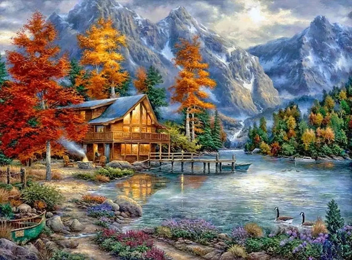 A scenic forest house with a wooden deck and cabin sits beside a flowing river surrounded by vibrant autumn foliage and mount