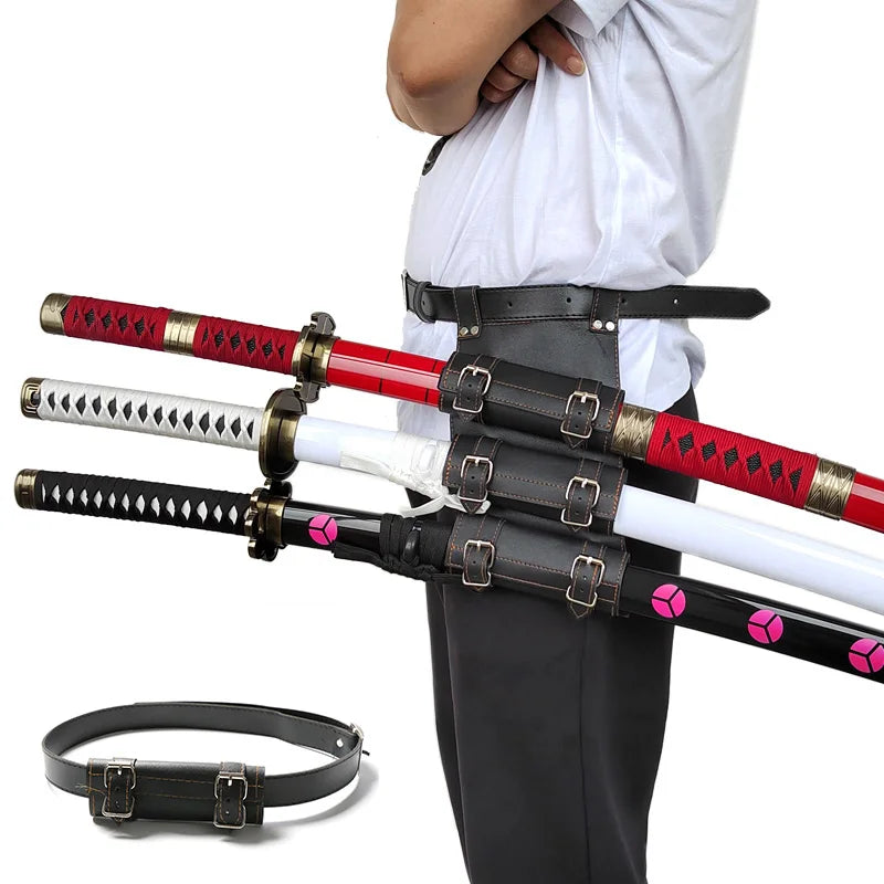 A display of a One Piece Roronoa Zoro Katana wooden sword with a black sheath and a black belt on a person.