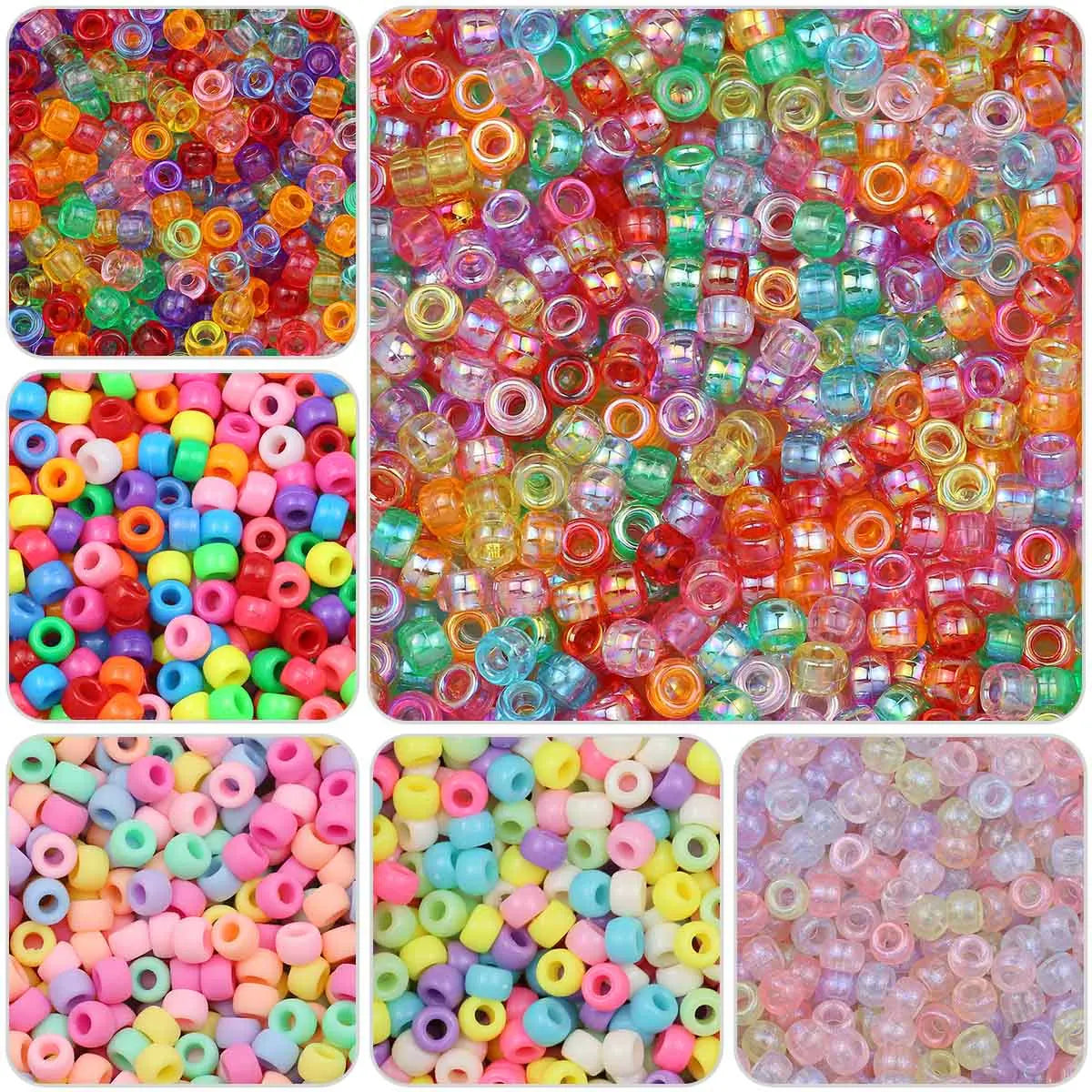 A collection of colorful pony beads in various shades including pink, green, yellow, and blue for jewelry making.