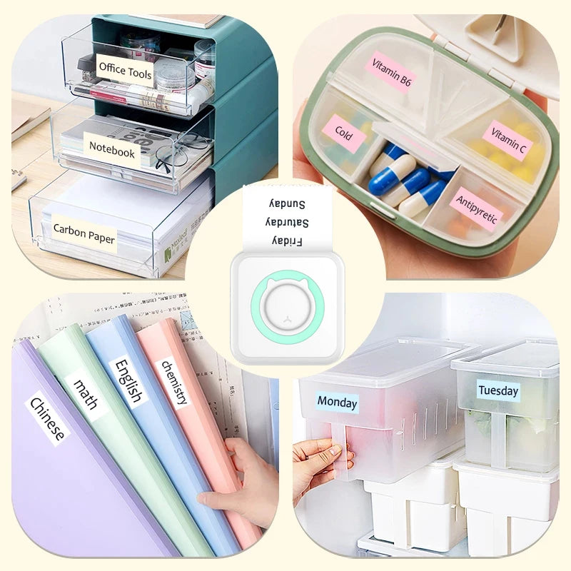 A collection of stationery items including notebooks, carbon paper, pens, and a vitamin organizer are shown.