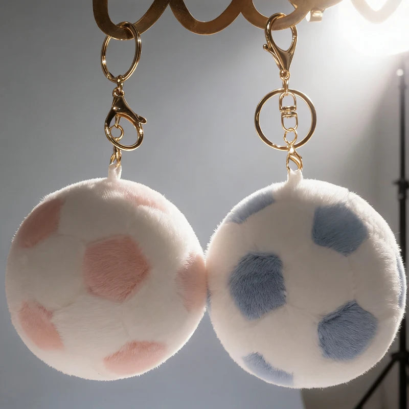 A pair of white plush soccer ball toys with pink and blue patches hanging from a gold-colored hook.