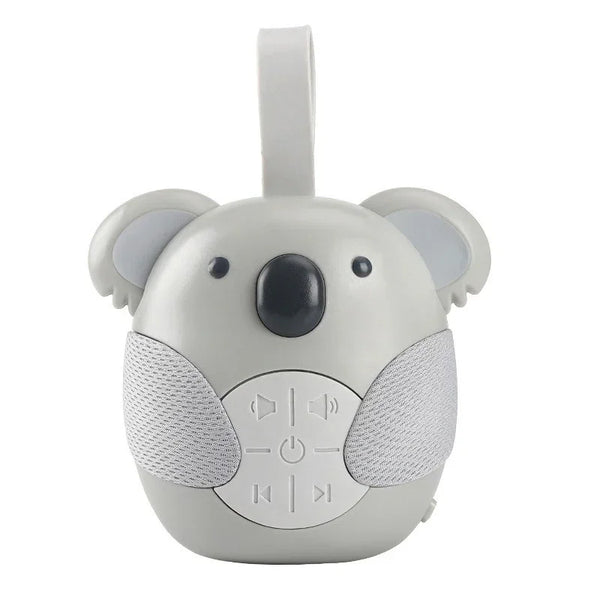 A small, light gray portable white noise soother shaped like a bear with large ears and a round nose.