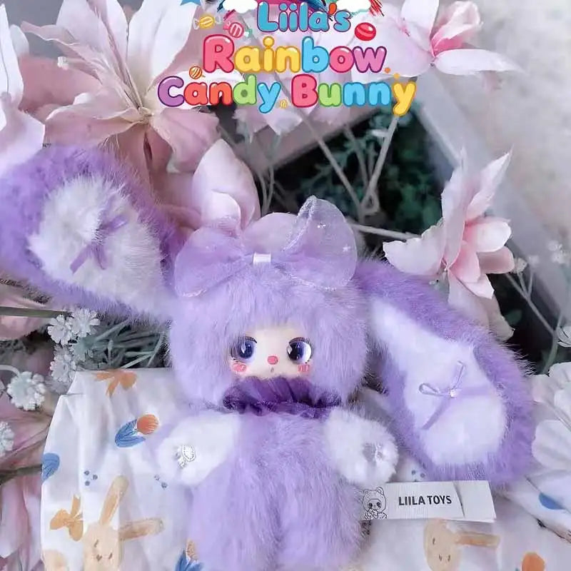 A fluffy purple and white bunny plush toy from the Liila Rainbow Candy Bunny series