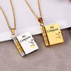 A set of gold and silver engraved pendant necklaces featuring a book design for a son and daughter gift