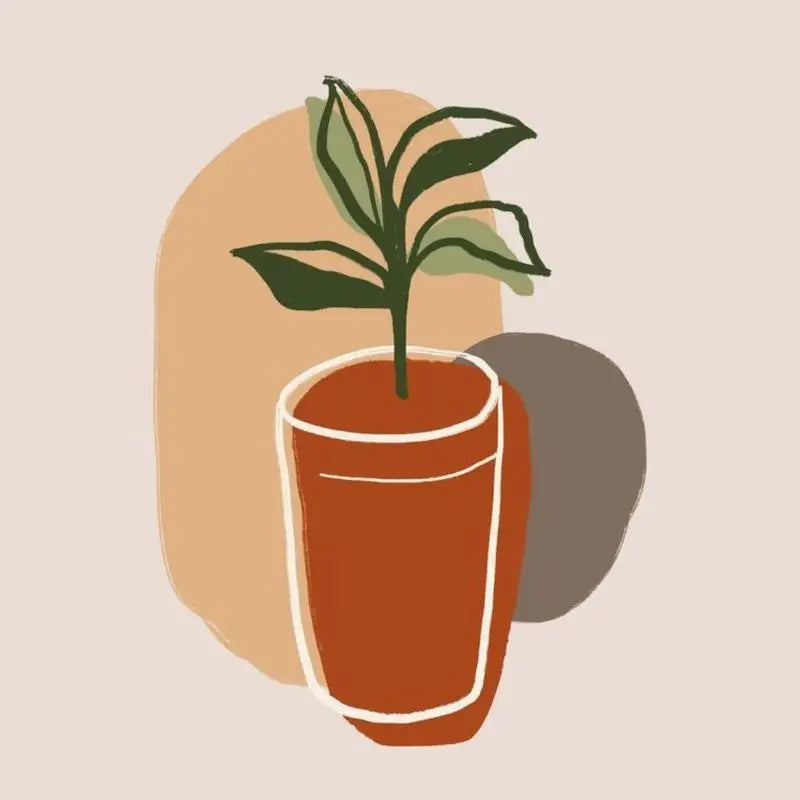 A potted green plant in an orange ceramic pot set against a beige background.