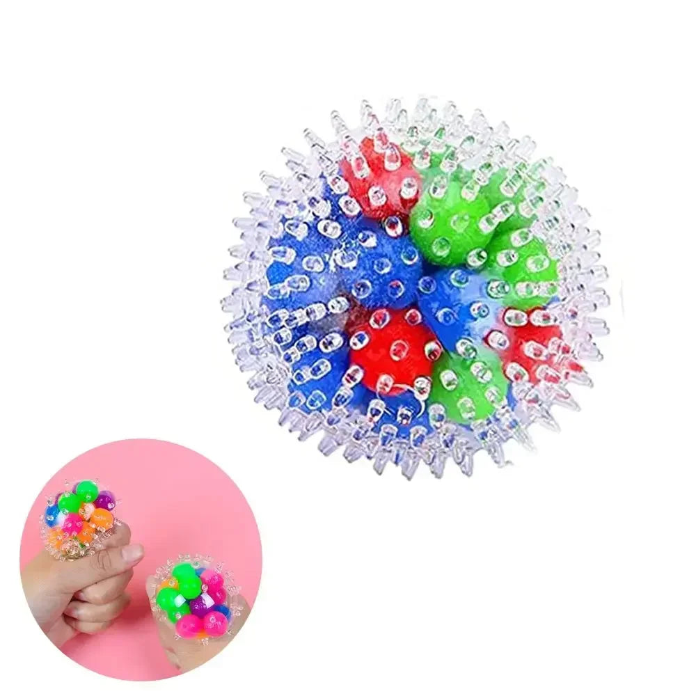 A sphere of colorful water beads with various colors including red, green, and blue, used as a sensory fidget toy.
