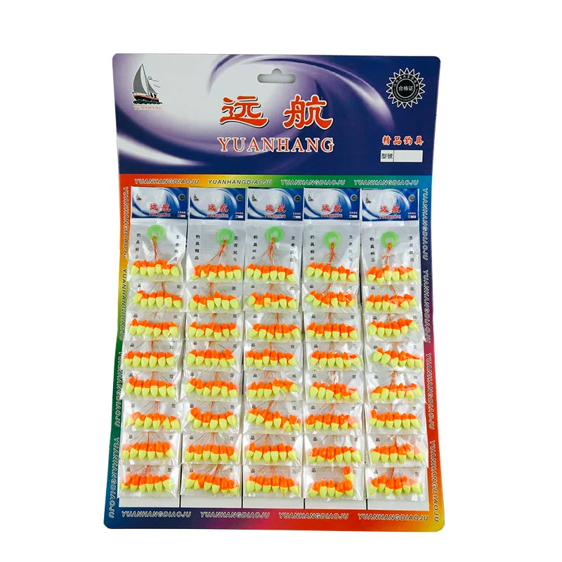 A package of 120 oval seven star fishing floats with bobber beads in various colors.