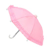 A pink lace-trimmed bear mini doll umbrella open and angled downward.