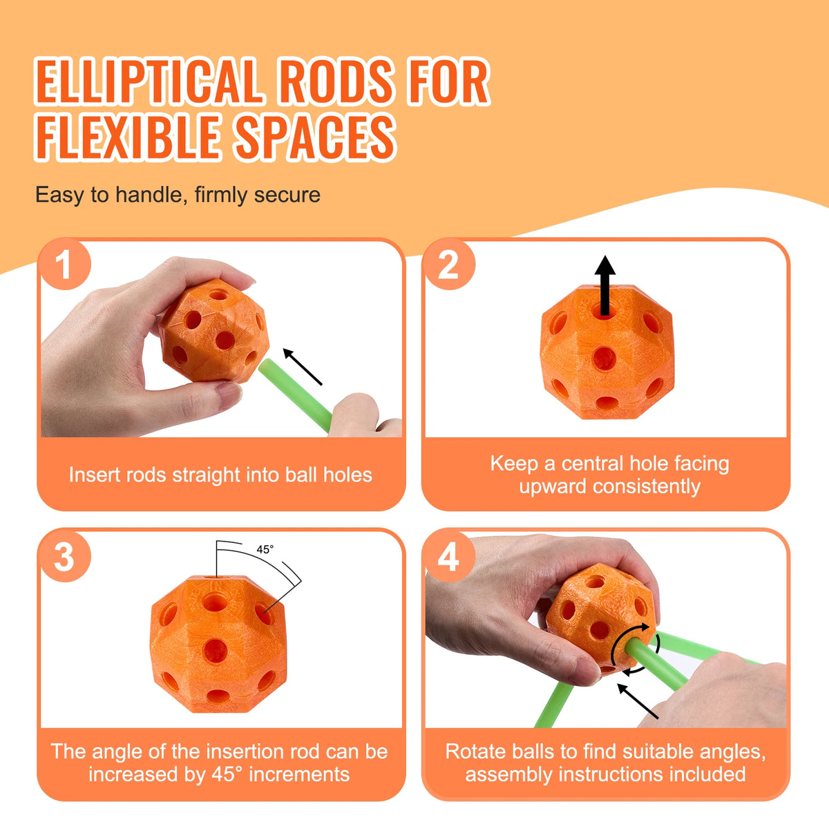 Illustration showing how to insert rods into orange balls for a flexible building kit