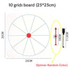 A 10 grid board measuring 25x25cm with a center point and surrounding lines, shown with an attached spinner and pen.
