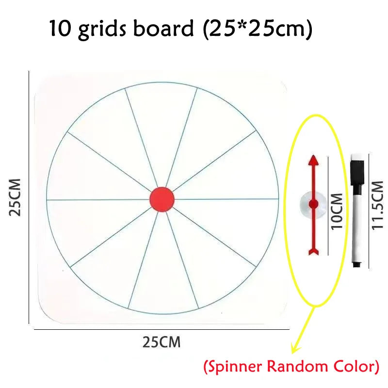 A 10 grid board measuring 25x25cm with a center point and surrounding lines, shown with an attached spinner and pen.