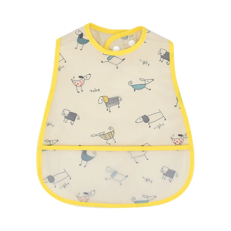 A light yellow baby bib featuring a cartoon pattern of various animals like elephants, dogs, and birds.