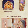 A detailed diagram of a wooden puzzle kit for a beauty and the beast themed book nook featuring intricate carvings and compon