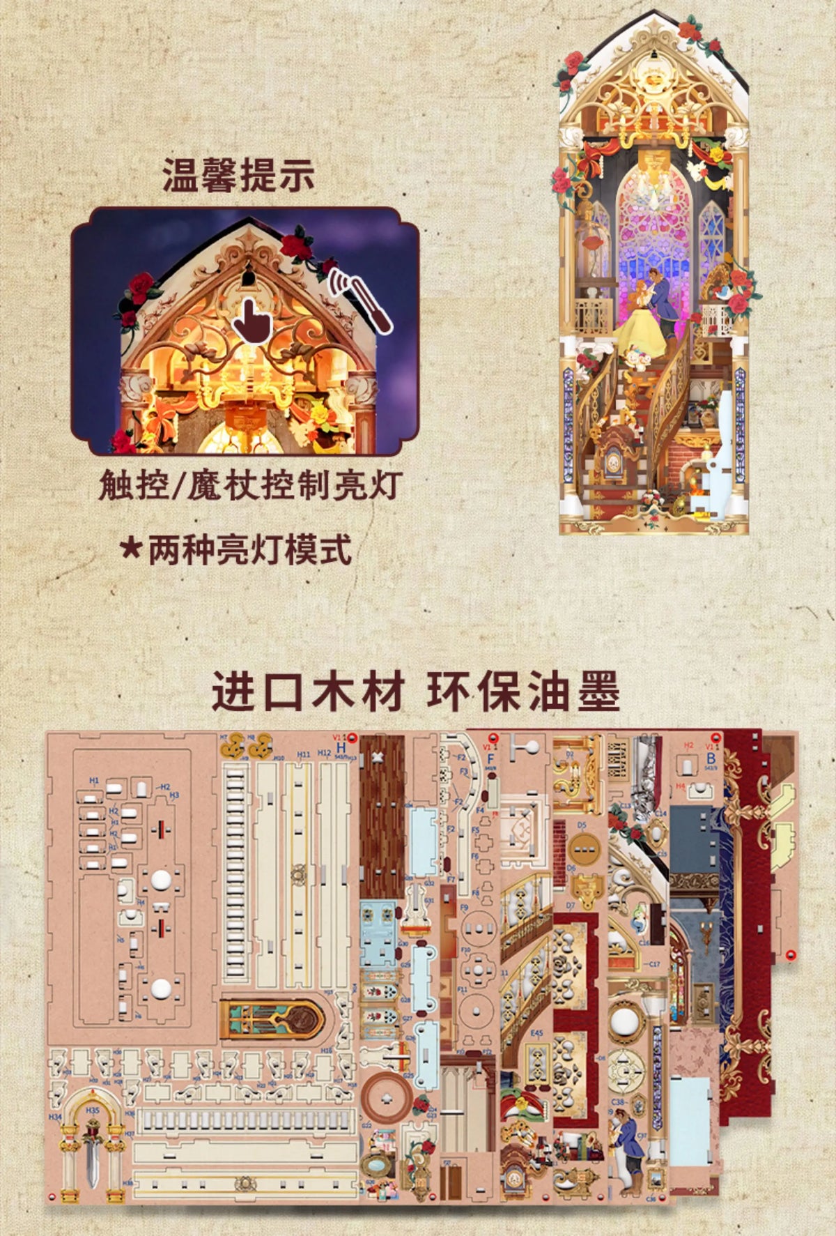 A detailed diagram of a wooden puzzle kit for a beauty and the beast themed book nook featuring intricate carvings and compon