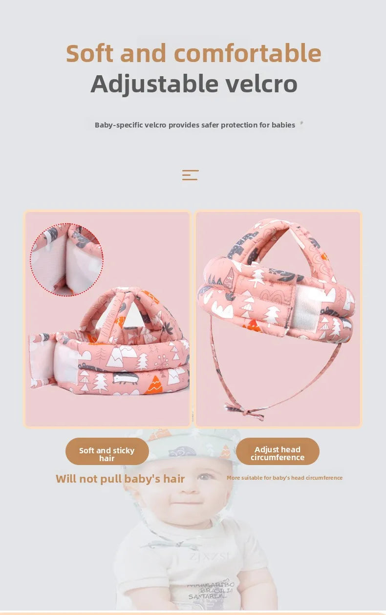 Chapeau de sécurité rose réglable à velcro pour bébé, montré sur la tête d'un enfant.