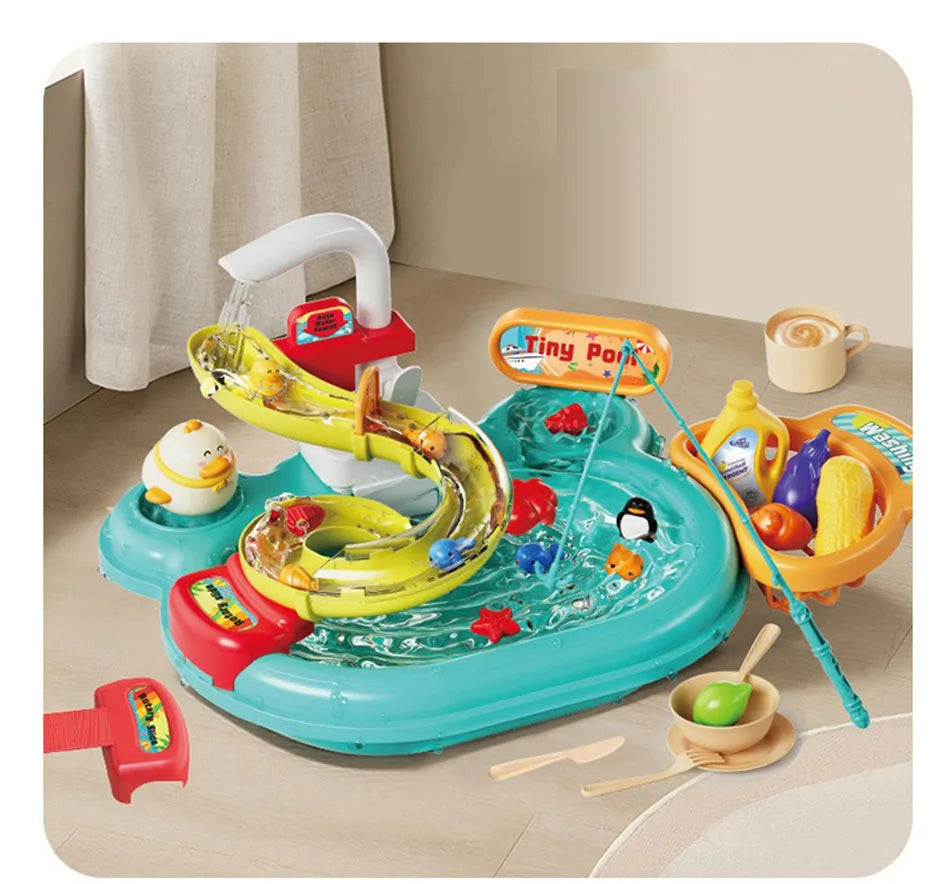 A yellow and red interactive kids kitchen sink toy with running water and fishing game in a blue plastic tub.