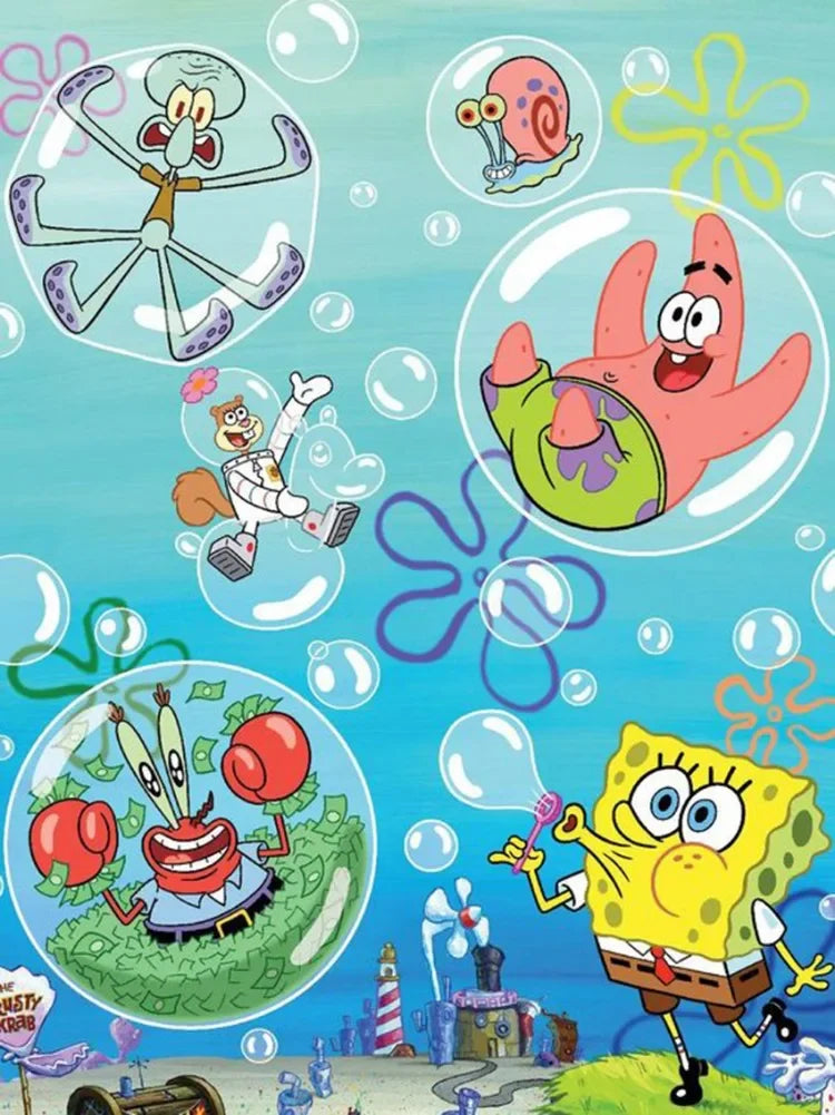 A diamond painting kit featuring characters like SpongeBob and Patrick floating in bubbles.