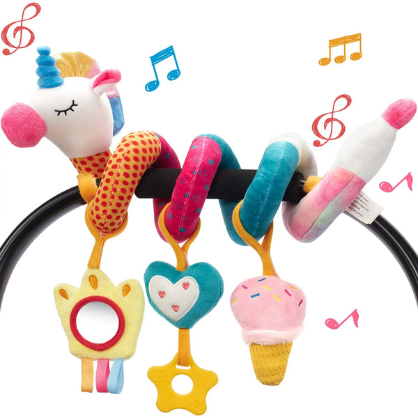 A set of colorful developmental rattle mirrors featuring various shapes and textures for babies.