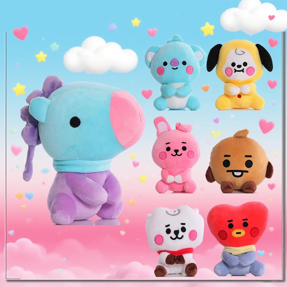 A collection of colorful kawaii anime mini plush keychains featuring characters like a blue horse, a purple bear, and a yello