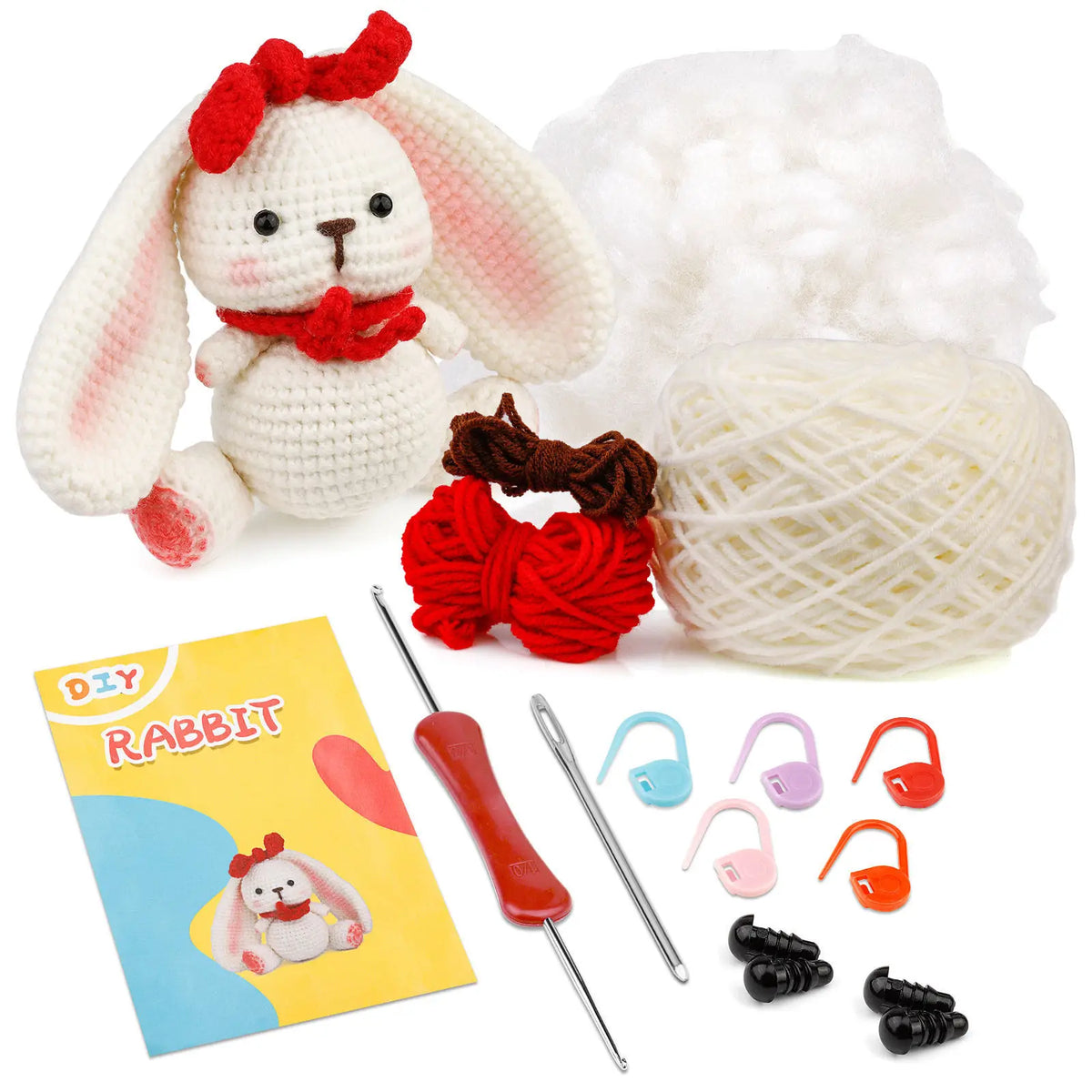 Beginner crochet rabbit kit with yarn, tools, and video tutorials for making a stuffed animal