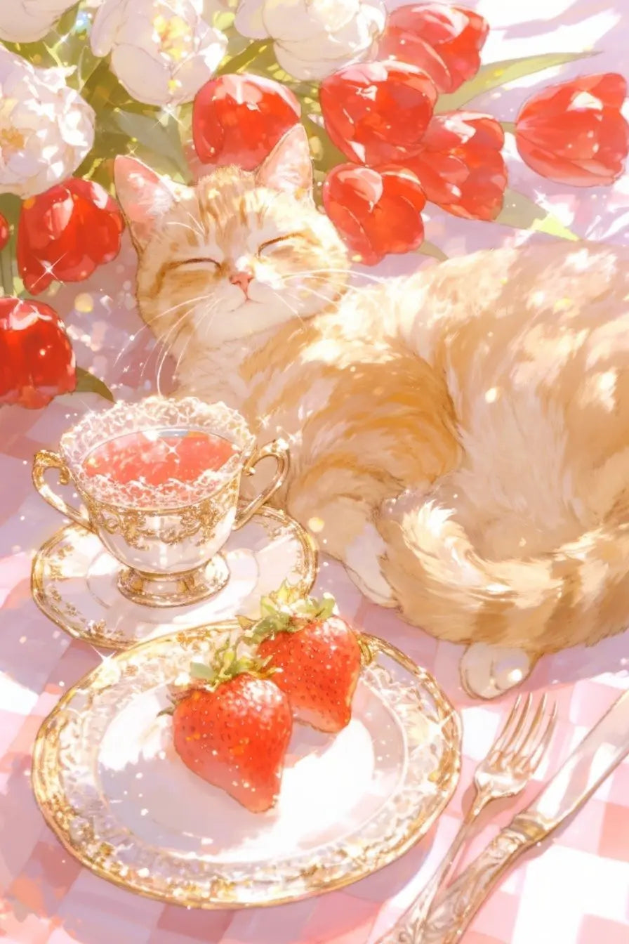 A fluffy orange cat sits next to a cup of tea and a plate of strawberries on a pink checkered surface.