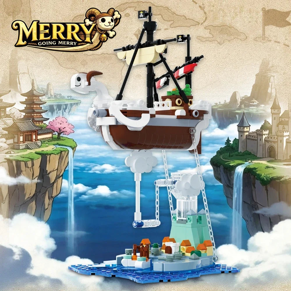 A LEGO set of a pirate ship model kit featuring a sailing vessel and a white horse figure on a blue base.