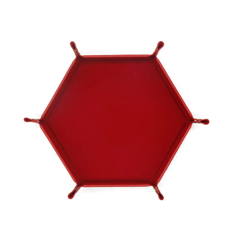 A red hexagonal foldable PU leather dice tray for tabletop games and desk organization.