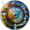 A detailed circular painting depicting a fantastical landscape with trees, buildings, and water.