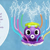 A purple octopus water spray sprinkler with colorful tubes spraying water, designed for children.
