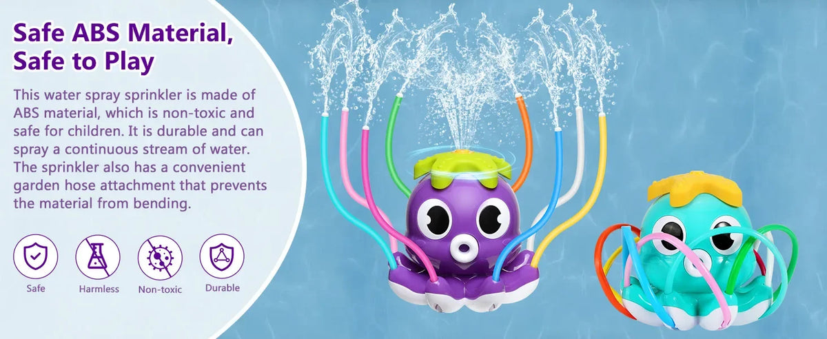 A purple octopus water spray sprinkler with colorful tubes spraying water, designed for children.