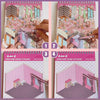 A set of four pages showing miniature 3D sticker scenes of houses and rooms for crafting or display.