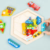 A wooden 3D jigsaw puzzle featuring various emergency vehicles like fire trucks and ambulances.