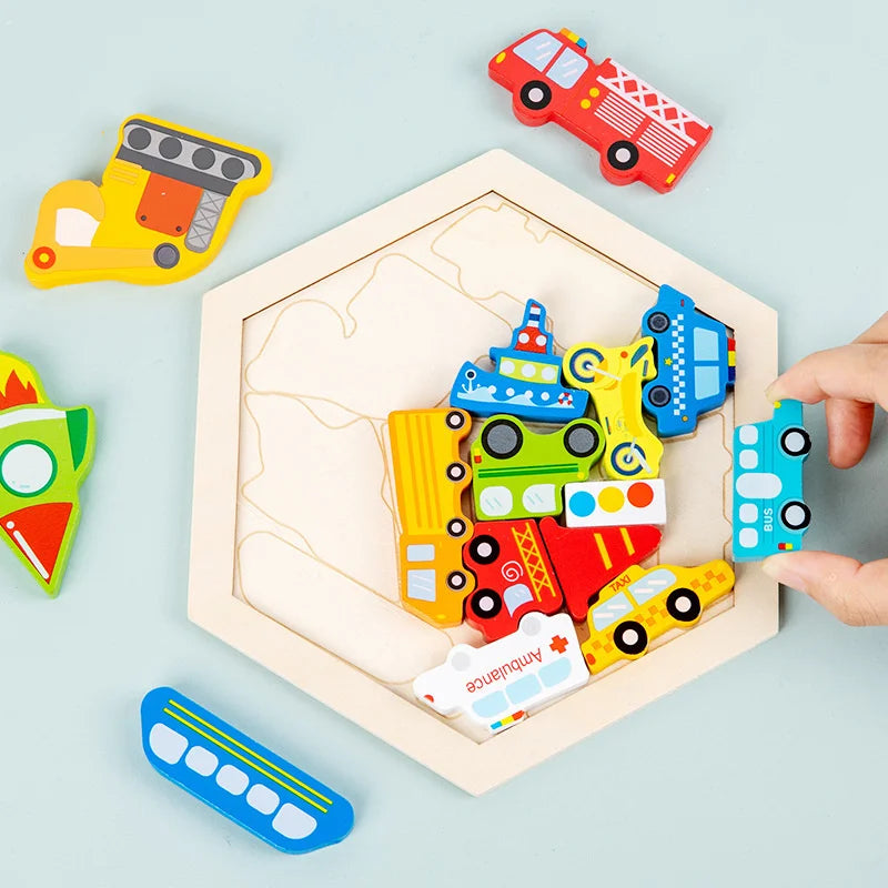 A wooden 3D jigsaw puzzle featuring various emergency vehicles like fire trucks and ambulances.