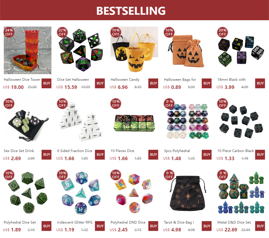 A set of polyhedral dice including a storage bag and various Halloween themed dice.