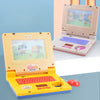 A yellow toddler learning laptop toy with a keyboard and mouse is shown next to its open case.