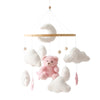 Wooden felt forest animal crib mobile featuring a crescent moon and clouds