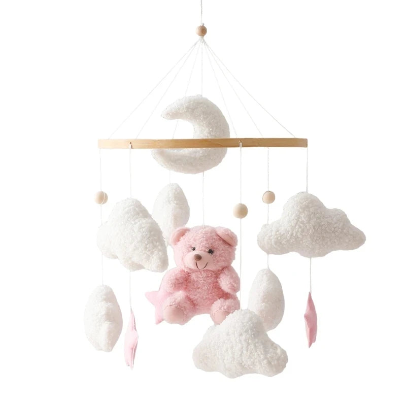 Wooden felt forest animal crib mobile featuring a crescent moon and clouds