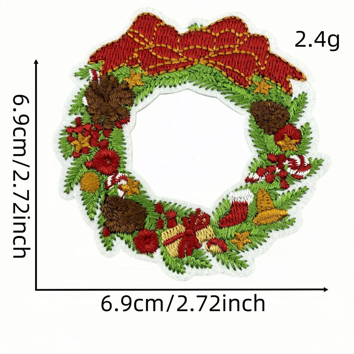 A circular iron-on patch featuring a festive design of autumn foliage and cartoon characters in red, green, and brown.