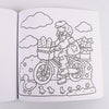 A black and white line drawing of a woman riding a bicycle loaded with bread and flowers through a grassy field under a cloud