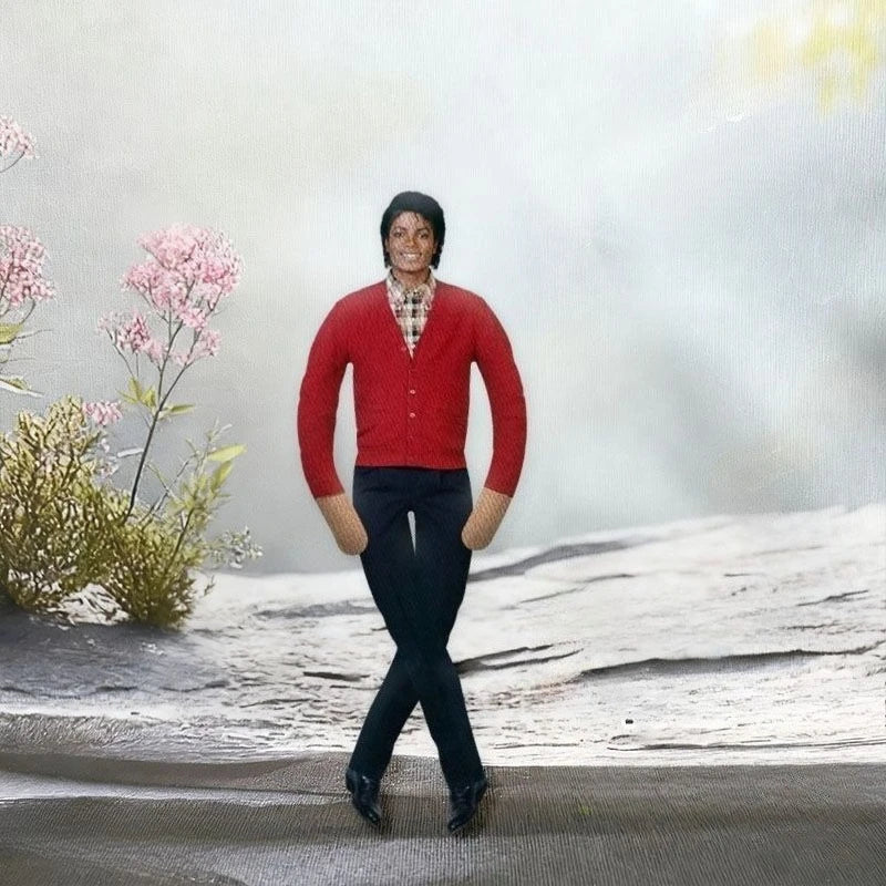 A woman in a red sweater and black pants stands on a gray surface against a white background.