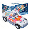 A clear transparent gear car toy with colorful gears and lights is shown on a box.
