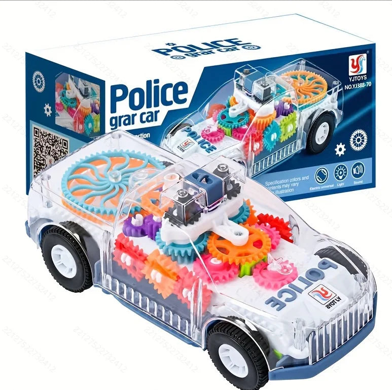 A clear transparent gear car toy with colorful gears and lights is shown on a box.