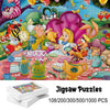 A colorful jigsaw puzzle depicting an Alice in Wonderland tea party scene with characters and teacups.