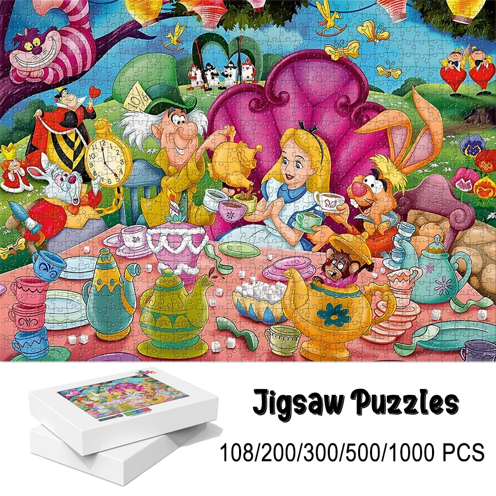 A colorful jigsaw puzzle depicting an Alice in Wonderland tea party scene with characters and food.