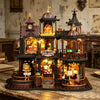 A detailed wooden miniature castle dollhouse kit featuring architecture, furniture, and illuminated elements.