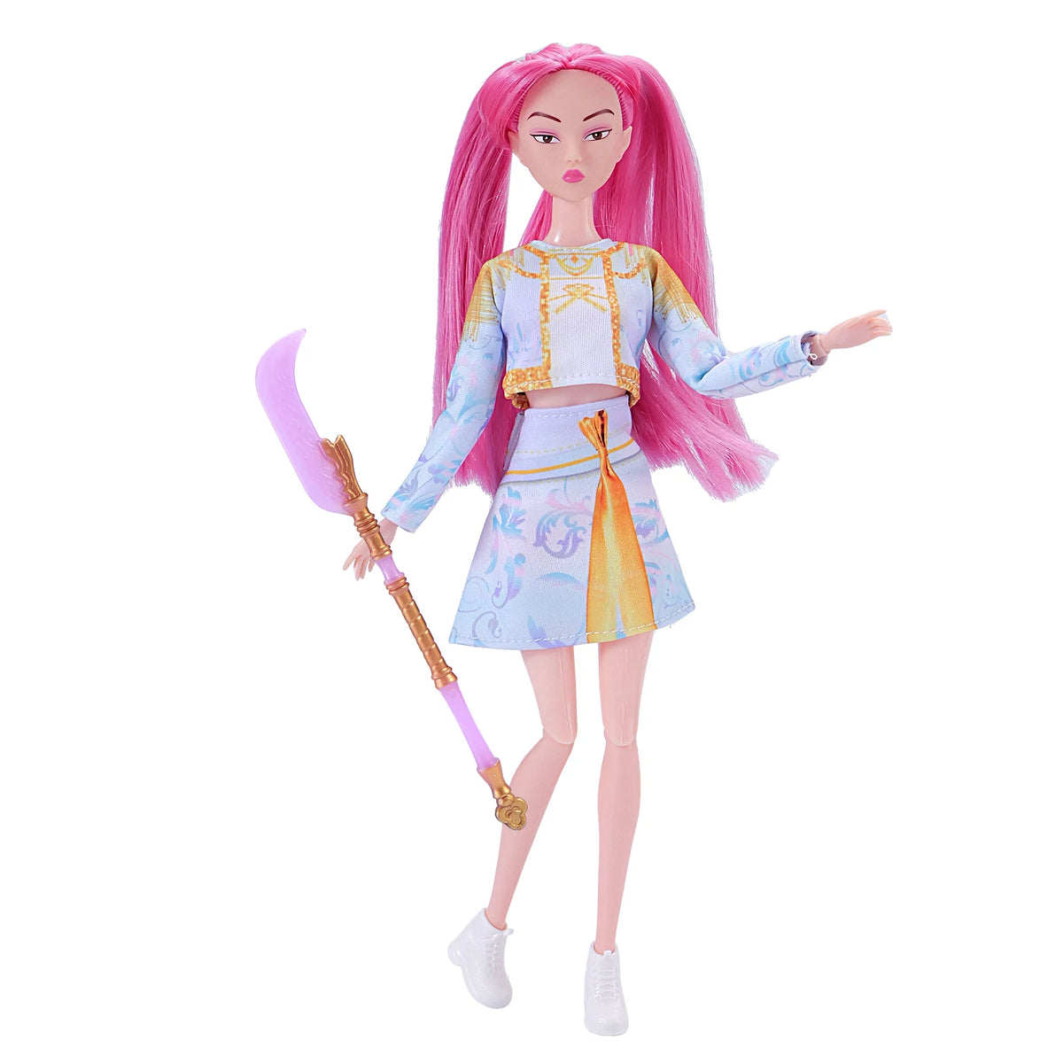 A pink-haired anime-inspired plush doll collectible set wearing a light blue outfit and holding a purple staff.