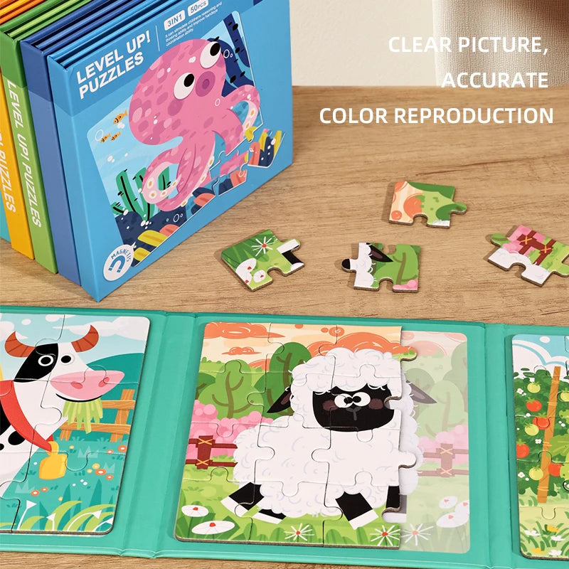 A box of magnetic jigsaw puzzles and an open puzzle board featuring a white sheep.