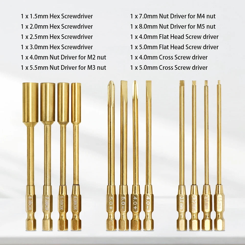 A collection of various brass hex and flat head screwdriver bits and nut drivers for RC vehicles.