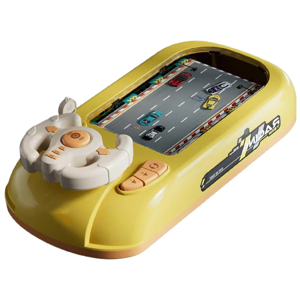 A yellow kids interactive steering wheel driving toy with a detailed track and various cars.